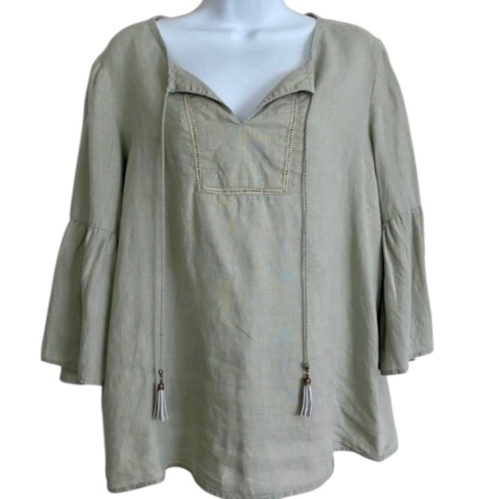 ELLEN TRACY Linen Tunic Top Sz Medium Tassel-tie Neck Bell Sleeve Lagenlook